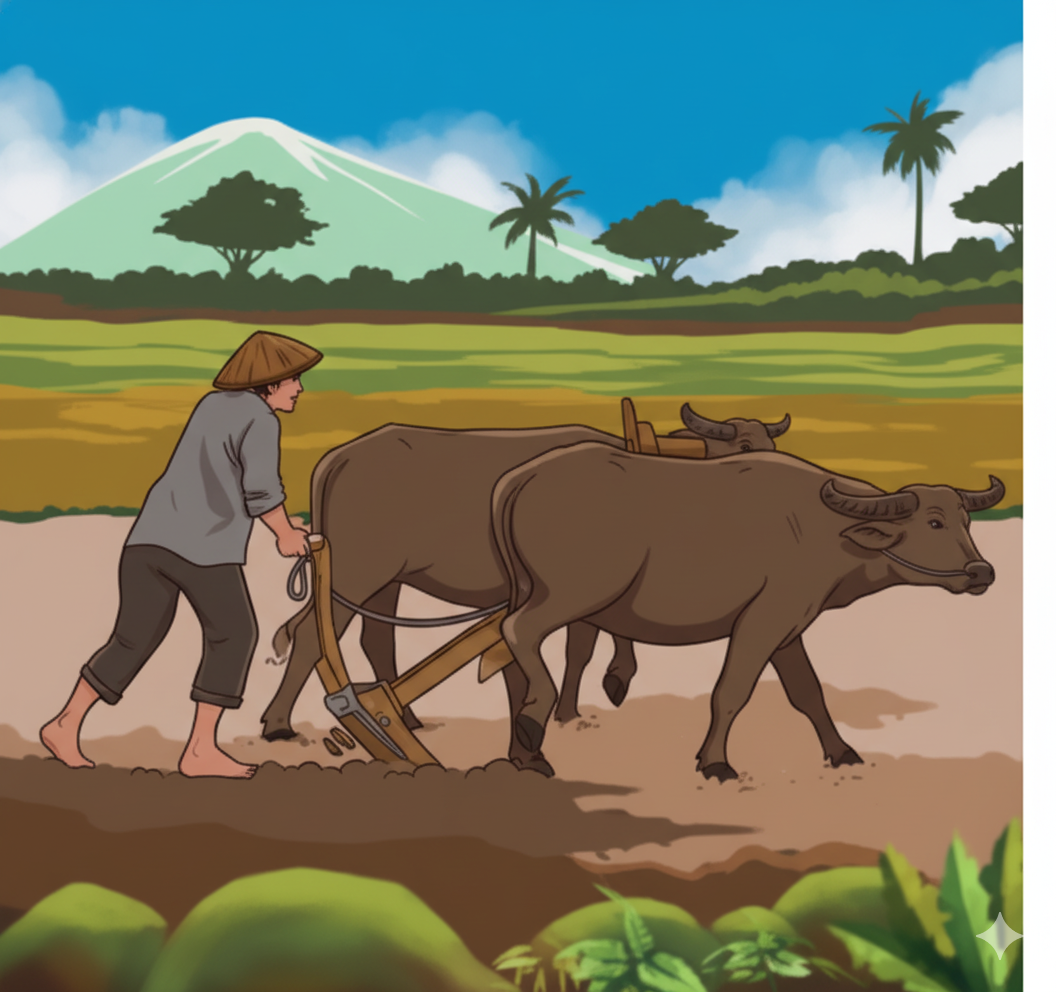 Ilustrasi petani membajak sawah