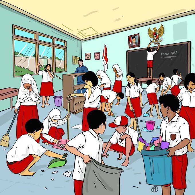 Siswa piket kelas bersama